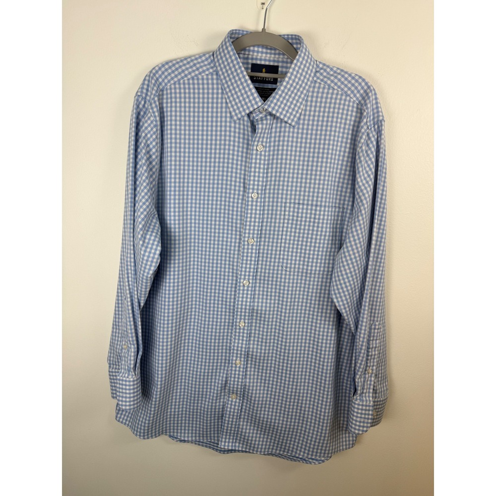 Stafford Tailored Culture Mens Blue Gingham Regular Fit Dress Shirt L 16-16.5